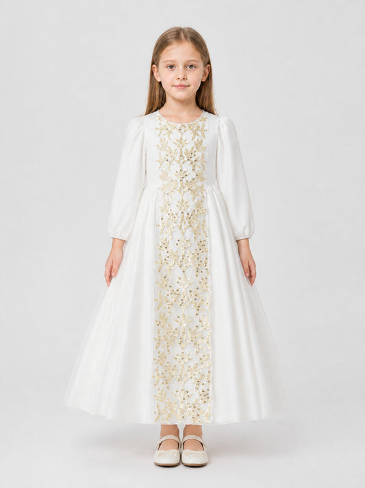 White Girls' Princess Dress with a Full Skirt and Sequins on-model view
