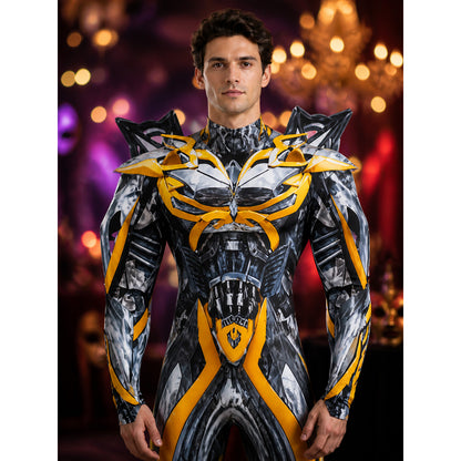 Full-Body Mechanical Armor Bodysuit Costume, Silver Gray, Yellow and Black on-model view