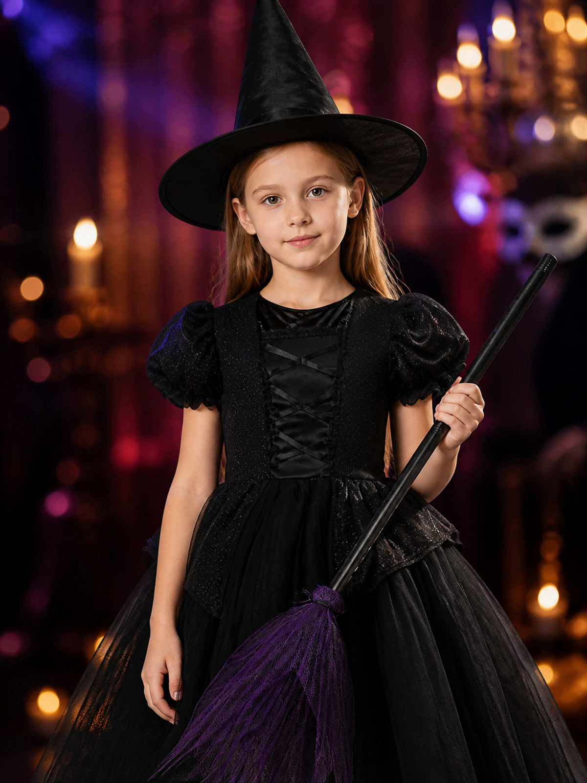 Kids' Witch Costume Set with Hat, Layered Tulle Dress, Halloween Outfit on-model view