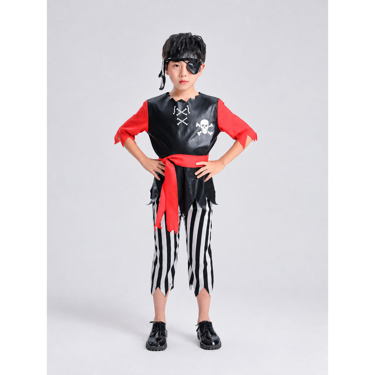 Pirate Costume with Striped Shirt, Eye Patch, and Wig