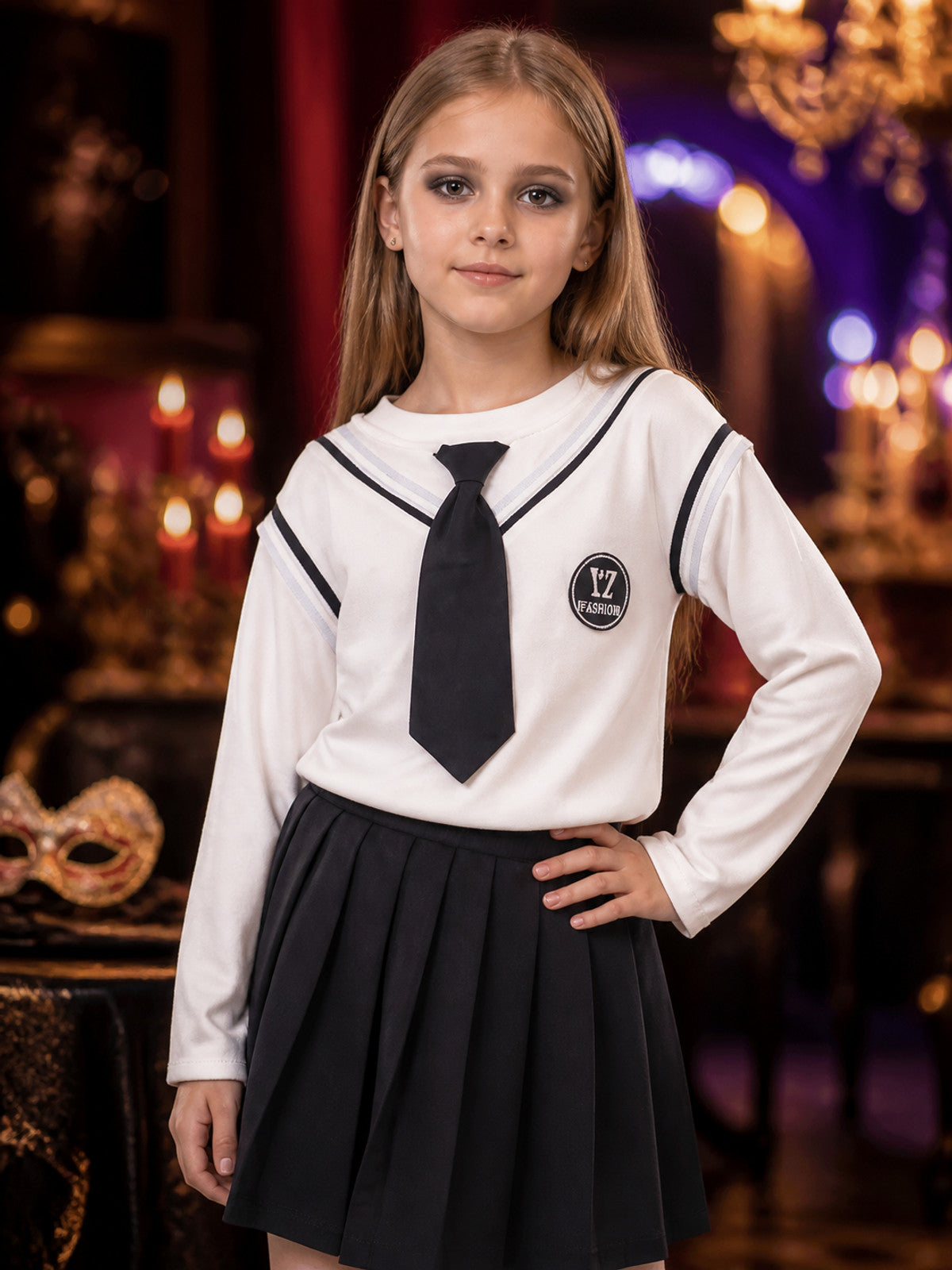 Kids Wizard School Uniform Costume Set, White Long Sleeve Sailor Top with Black on-model view
