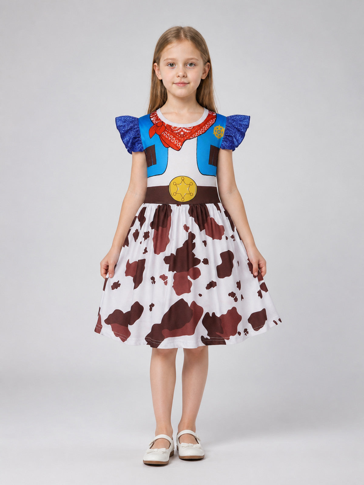Western-style children's dress with a scarf and ruffles on-model view