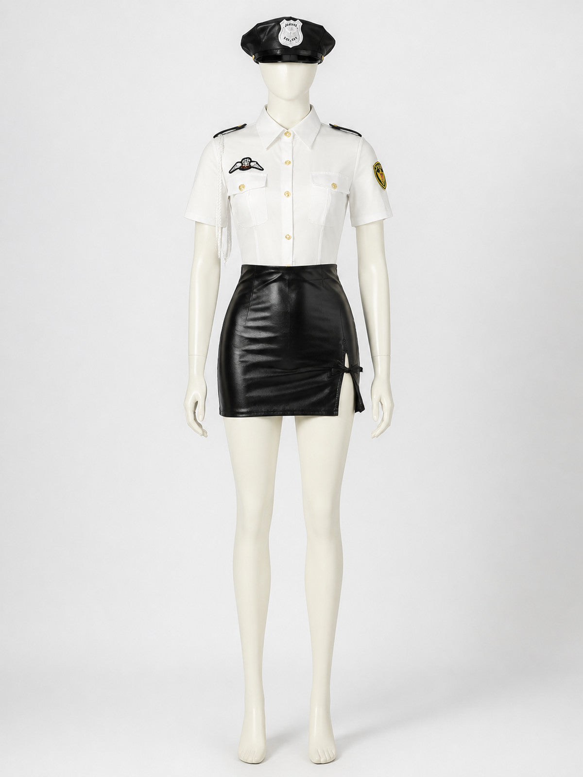 Women's Sexy Police Officer Costume Set - White Top & Black Skirt with Gold on-model view