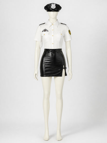 Women's Sexy Police Officer Costume Set - White Top & Black Skirt with Gold on-model view