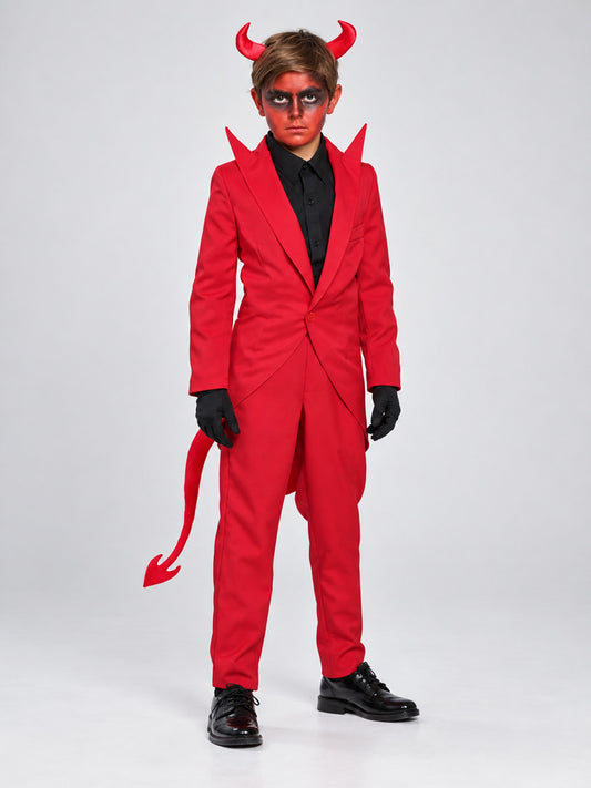 Boy wearing a red devil Halloween costume: red jacket with pointed collar, red pants and horned headband, front view