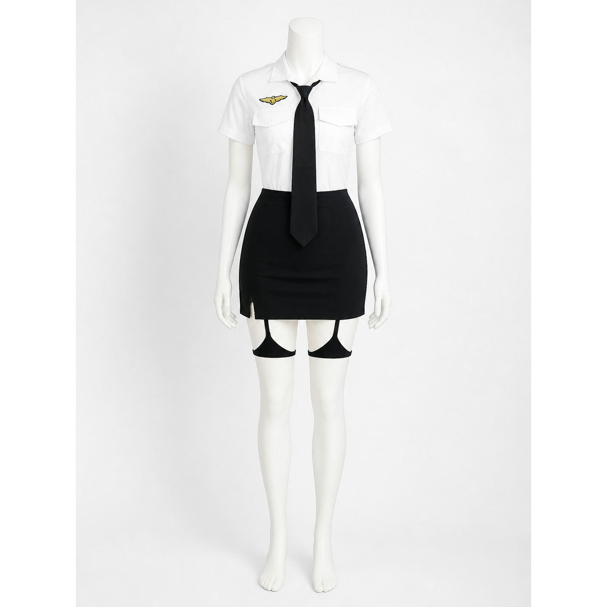 Women's Police Officer Costume Set, White Shirt Black Skirt with Tie on-model view