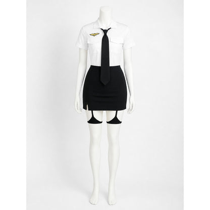 Women's Police Officer Costume Set, White Shirt Black Skirt with Tie on-model view
