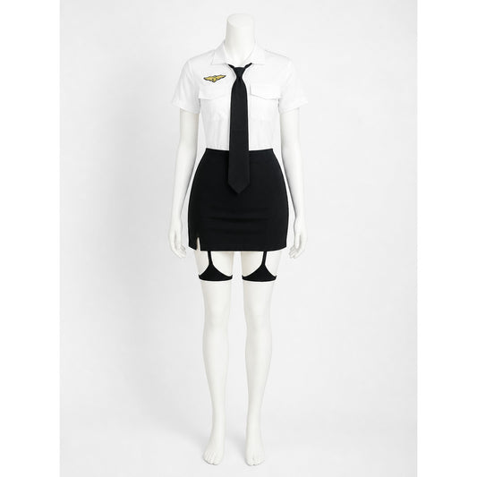 Women's Police Officer Costume Set, White Shirt Black Skirt with Tie on-model view