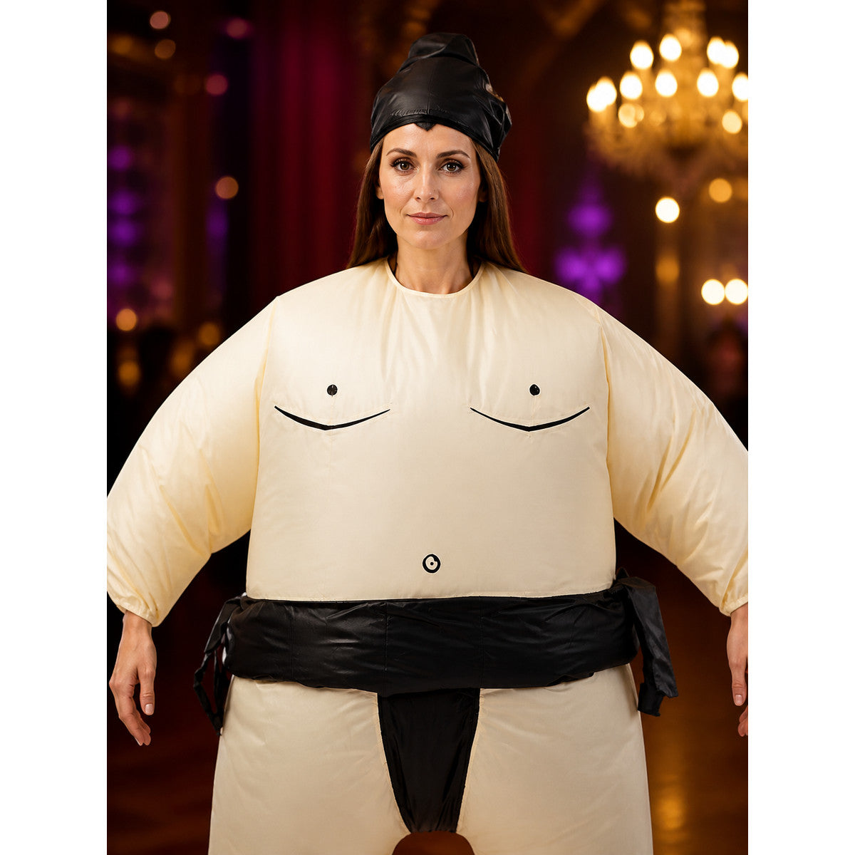 Inflatable Sumo Costume Set with Black Headgear, One Size Halloween Outfit on-model view