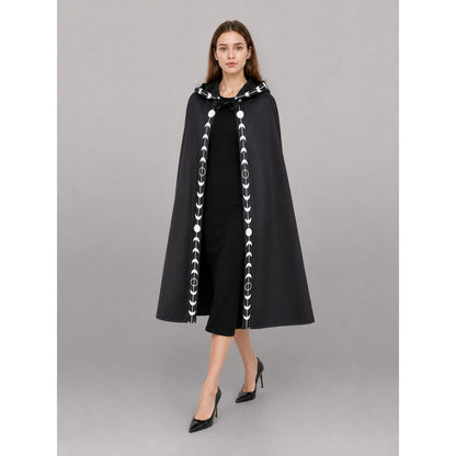 Black carnival cloak with a pointed hood front view
