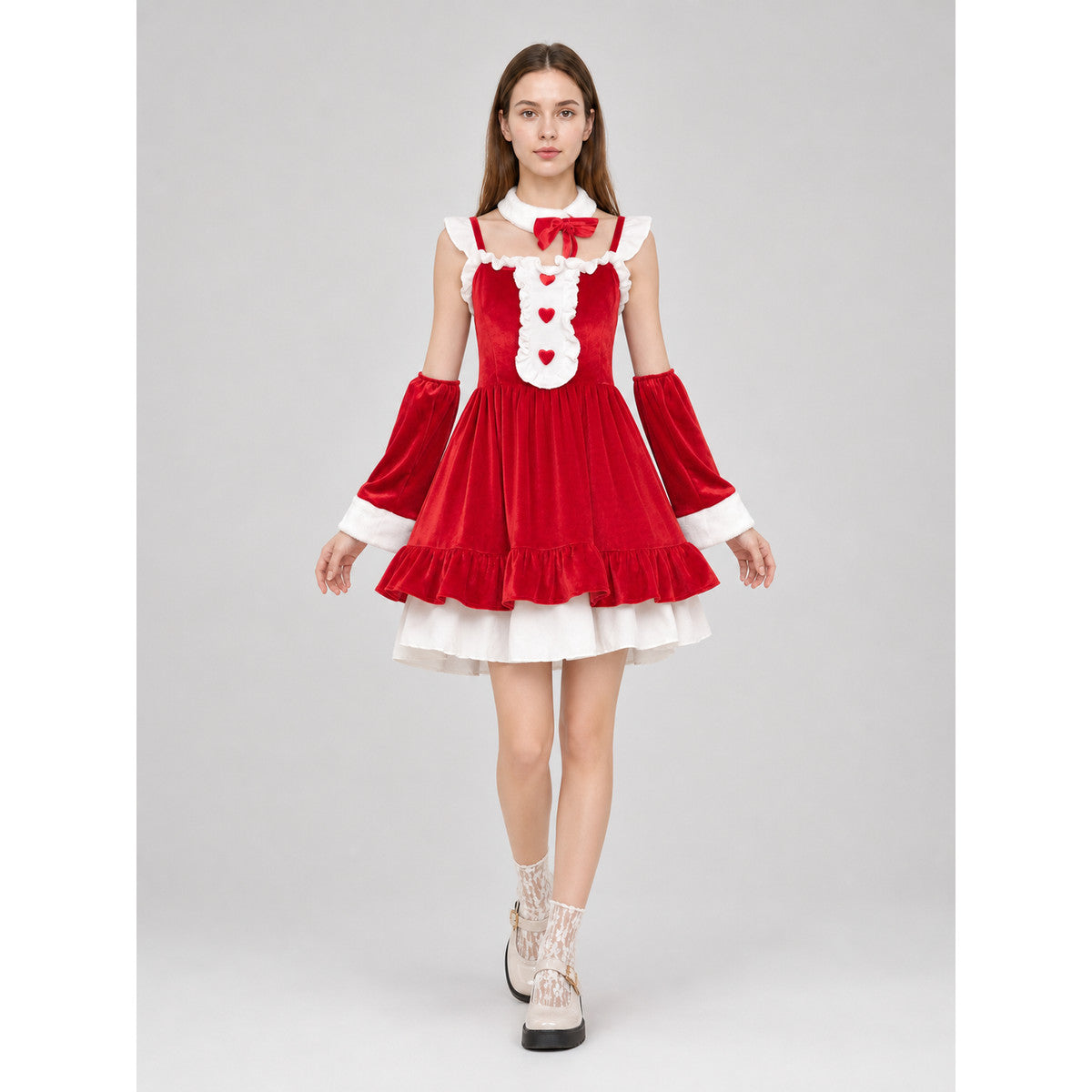 Christmas-Themed Dress with Bow and Ruffles