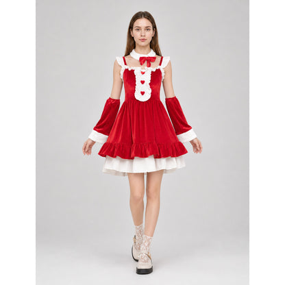 Christmas-Themed Dress with Bow and Ruffles
