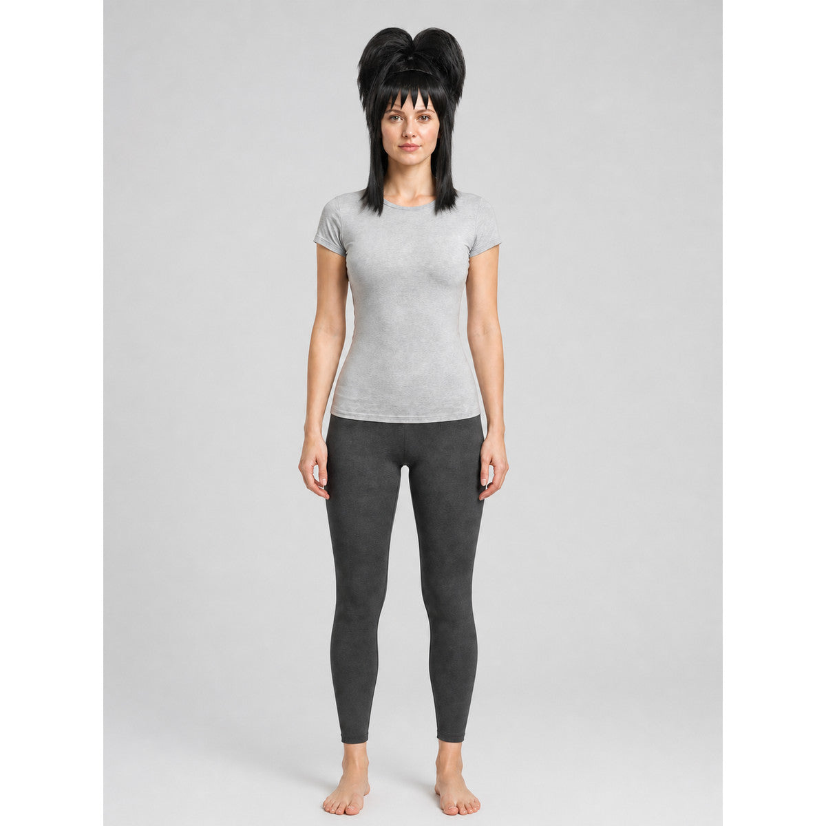 Black Lydia Beetlejuice Cosplay Wig with Double Buns and Bangs on-model view