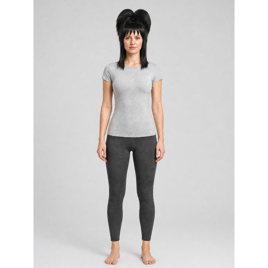 Black Lydia Beetlejuice Cosplay Wig with Double Buns and Bangs on-model view