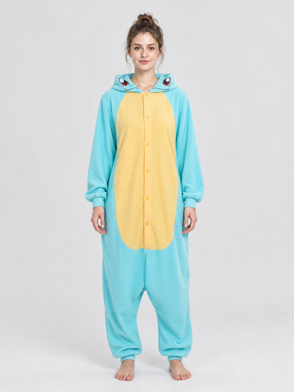 Turquoise-Yellow Hooded Pajama Jumpsuit with Face Detail