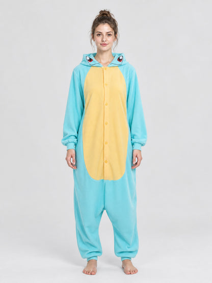 Turquoise-Yellow Hooded Pajama Jumpsuit with Face Detail