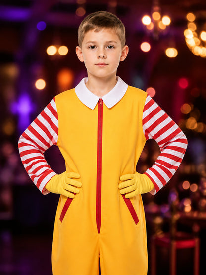 Clown Jumpsuit Costume, Yellow With Red And White Stripes, Halloween Cosplay on-model view