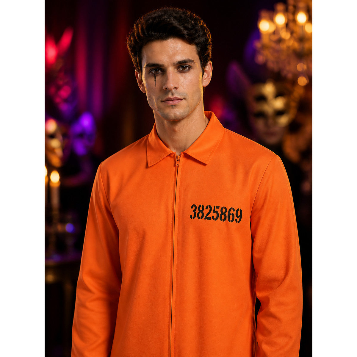 Orange Prison Jumpsuit Costume for Halloween with Zip-Front and Number Print