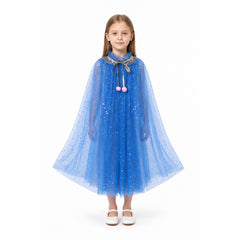 Blue Children's Cape with Stars and Pompoms