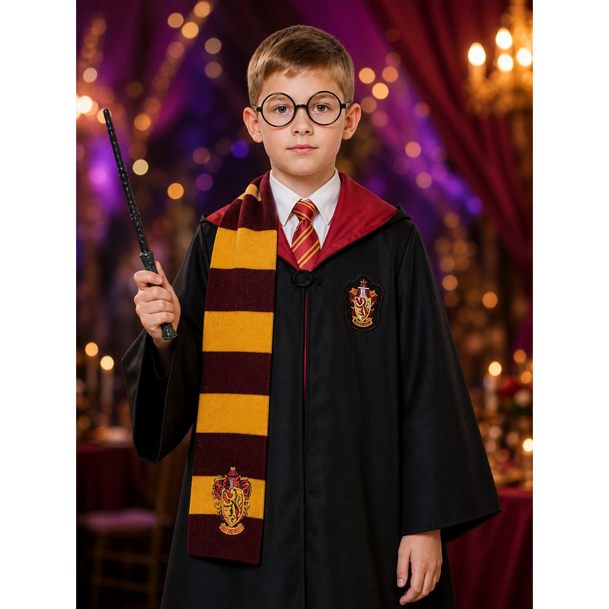 Kids Red and Yellow Hooded Wizard Robe Costume Set with Scarf, Tie, Glasses and on-model view
