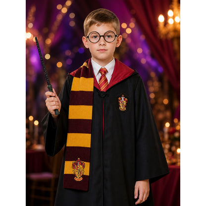Kids Red and Yellow Hooded Wizard Robe Costume Set with Scarf, Tie, Glasses and on-model view