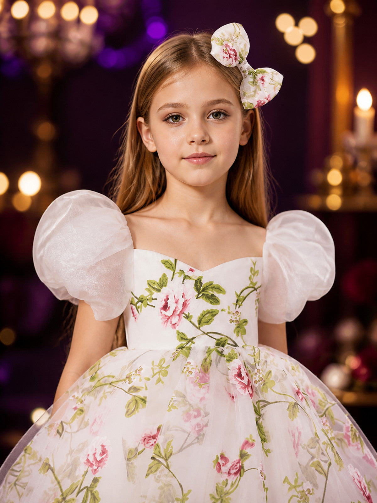 Toddler Girls' White Floral Princess Dress Set with Puff Sleeves and Bow Hair on-model view