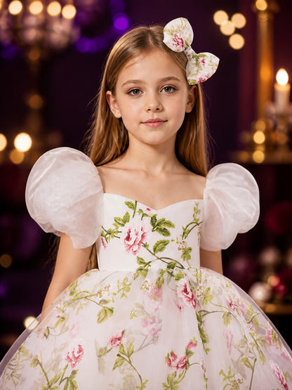 Toddler Girls' White Floral Princess Dress Set with Puff Sleeves and Bow Hair on-model view