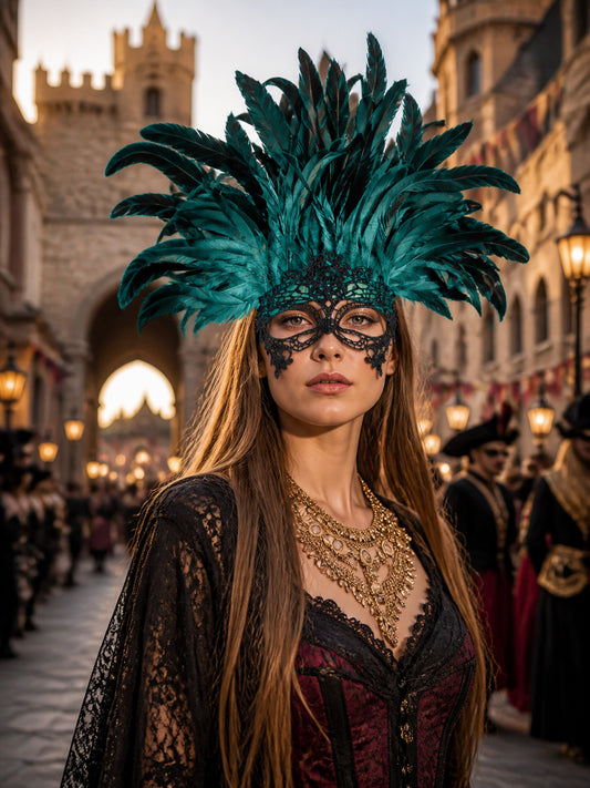 1pc Green Feather Headpiece With Black Lace Eye Mask, Exaggerated Party Style