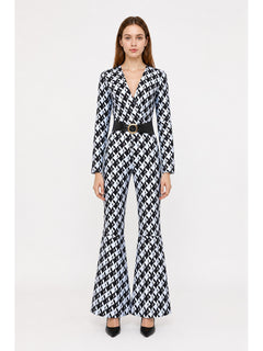 Black-and-White Jumpsuit with Geometric Print and Belt