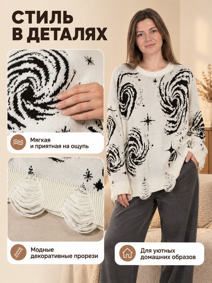 white oversized sweater with black star and spiral print