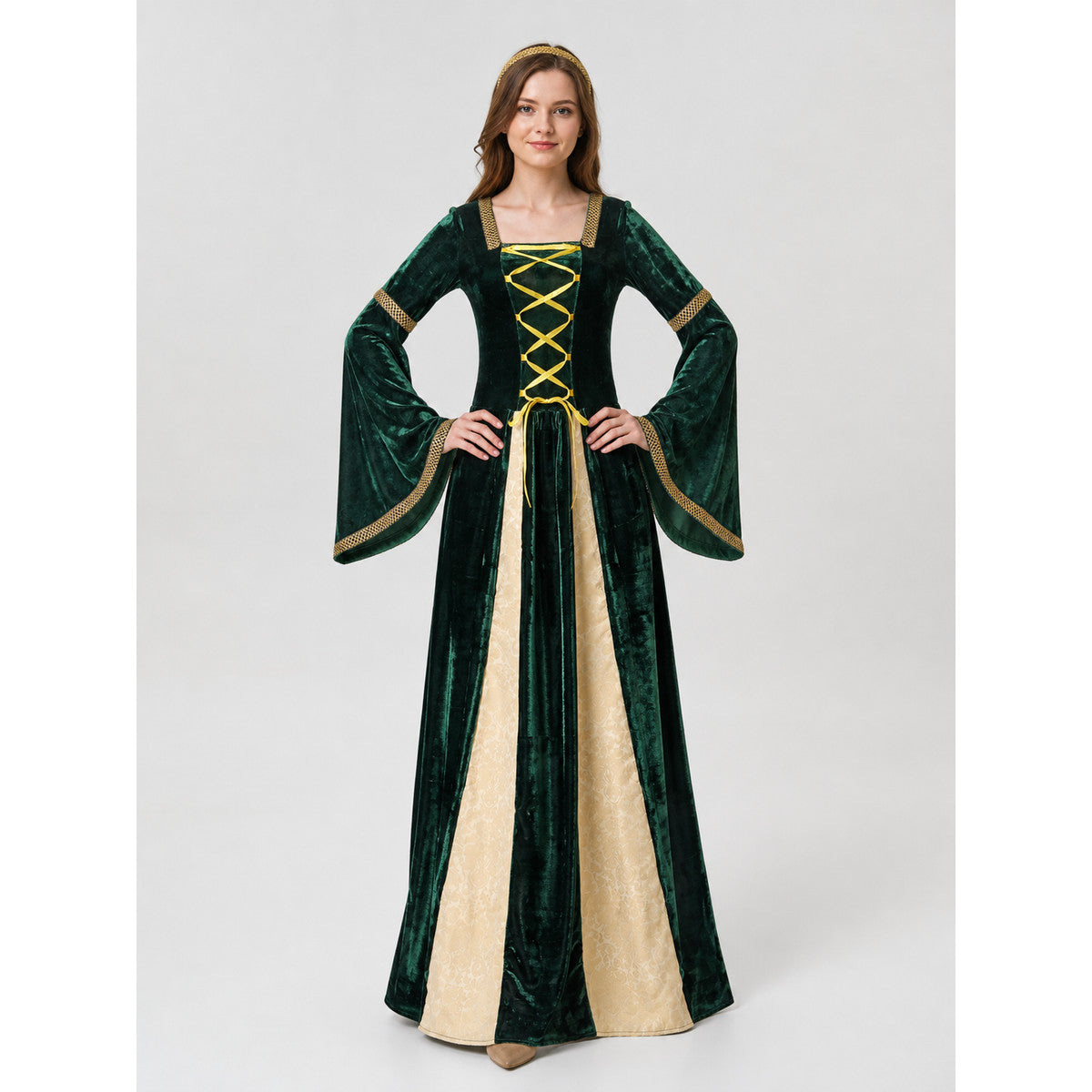 Long Gothic court-style costume dress with flared sleeves and skirt. The design combines deep green, black, cream, and gold tones. The upper section features decorative gold-tone crisscross lacing that accentuates the front. The cream inser