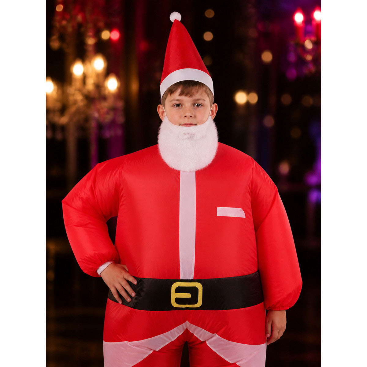 Kids Santa Claus Costume Set with Hat and Beard, Red White Christmas Outfit on-model view