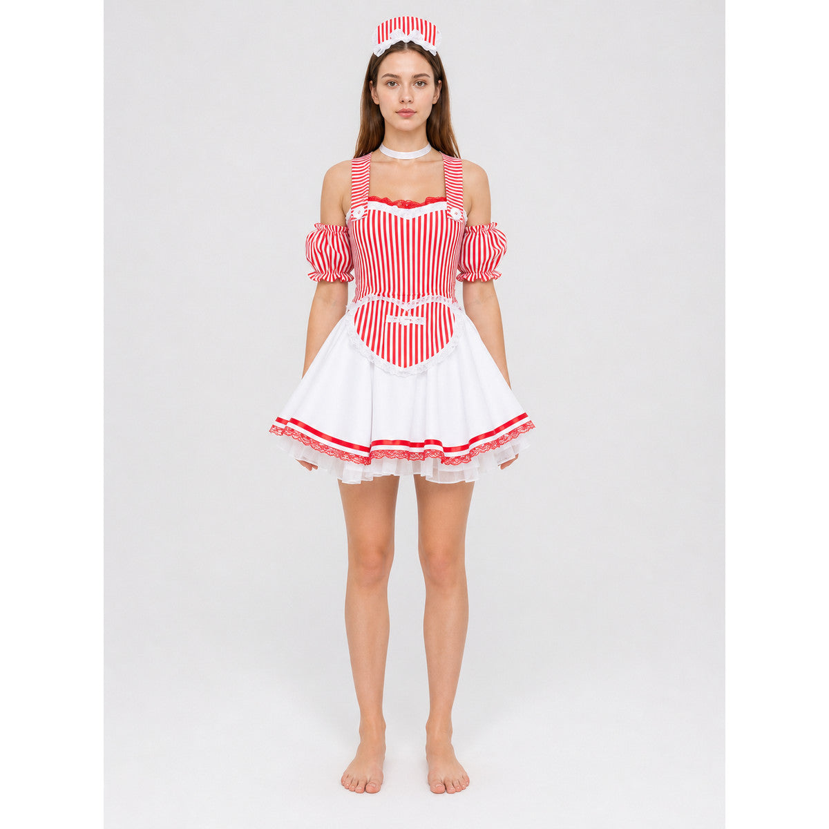Cosplay costume dress with a striped bodice