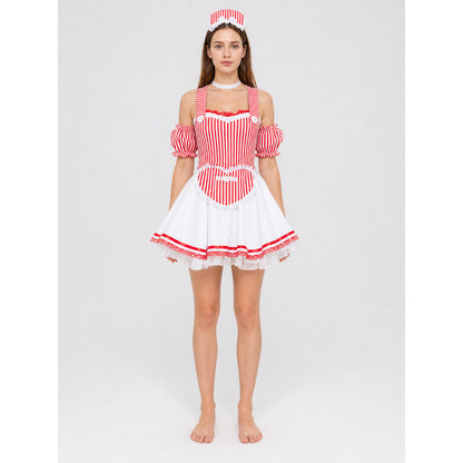 Cosplay costume dress with a striped bodice