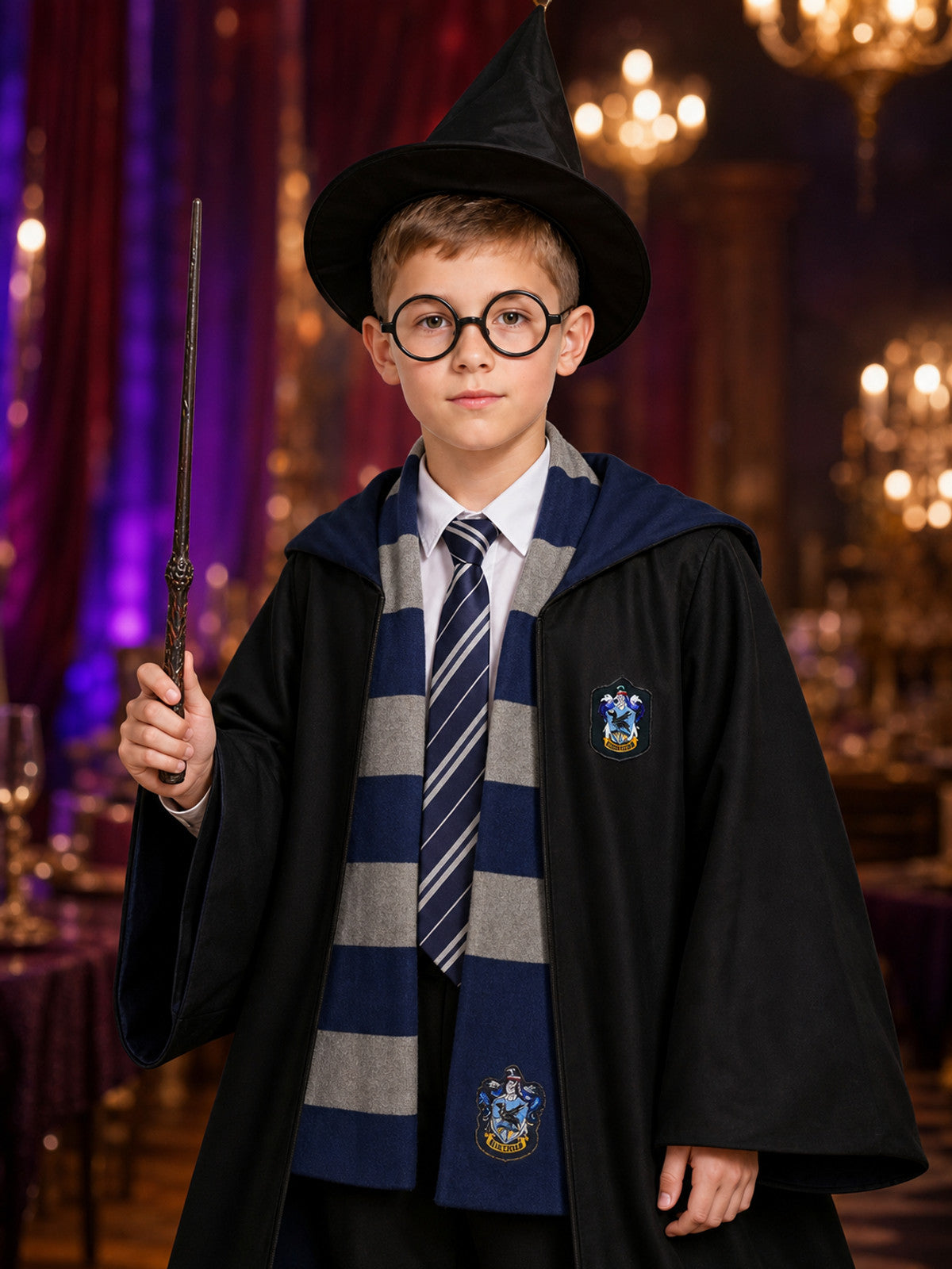 Ravenclaw Wizard Costume, Robe, 7-Piece Cosplay Set on-model view