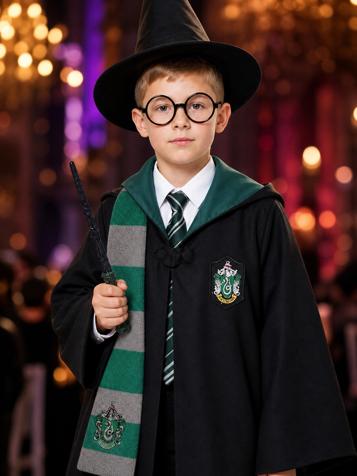Children's Magic Academy Wizard Costume Set, Hooded Robe With Hat, Scarf on-model view