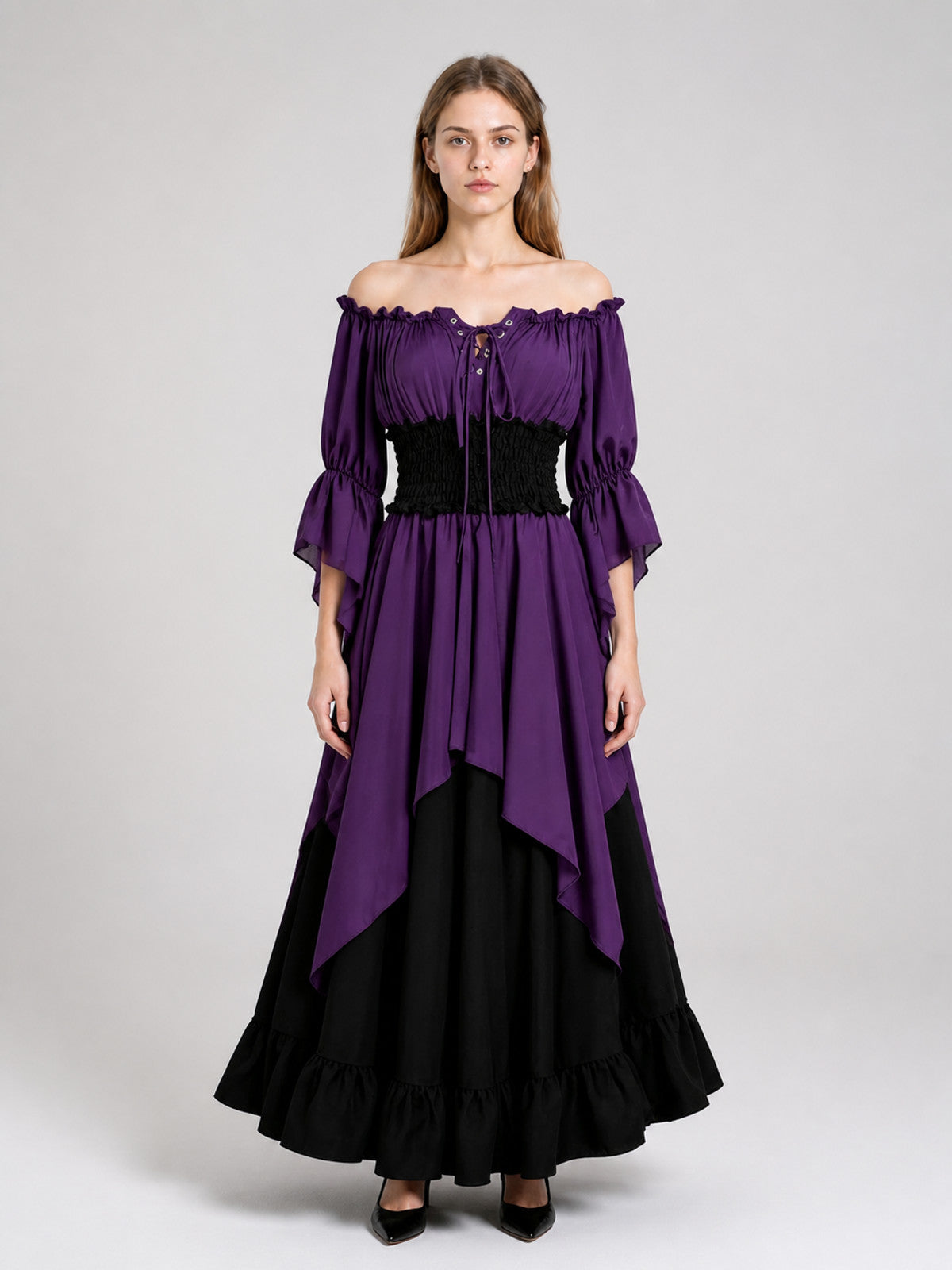 Historical Dress with Lacing and Off-the-Shoulder Design on-model view