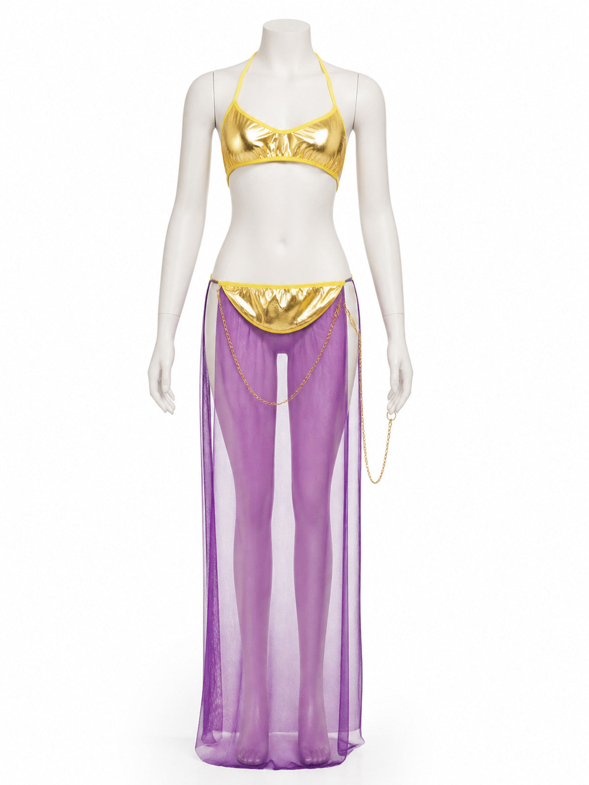 Egyptian Queen Two-Piece Costume Set, Gold Crop Top, Purple Skirt With Chain on-model view