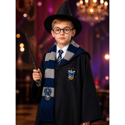 Wizard Robe Costume Set with Scarf, Tie, Hat, Glasses and Wand - Halloween on-model view