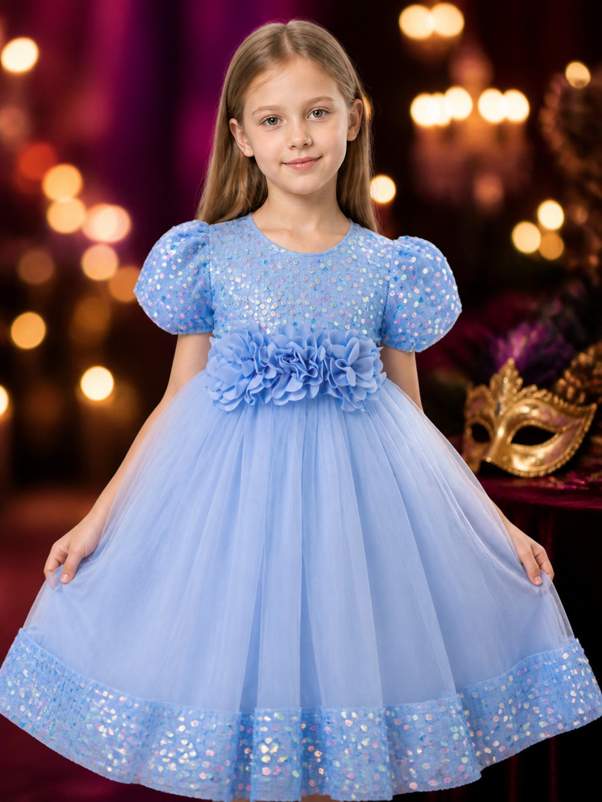Baby Girls' Sky Blue Princess Dress, Sequined 3D Flower Puff Sleeve Tulle Gown on-model view