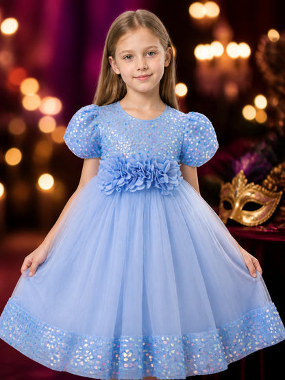 Baby Girls' Sky Blue Princess Dress, Sequined 3D Flower Puff Sleeve Tulle Gown on-model view