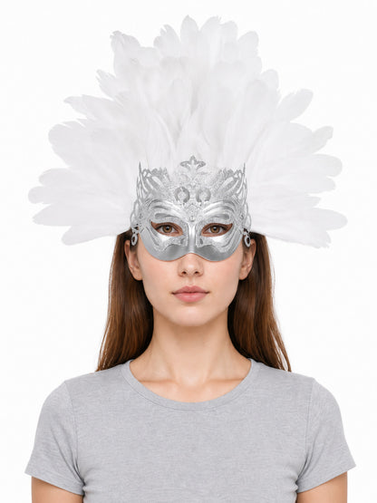1pc White Feather Mask with Silver Lace Hollow Out, Crown Headdress for Vintage