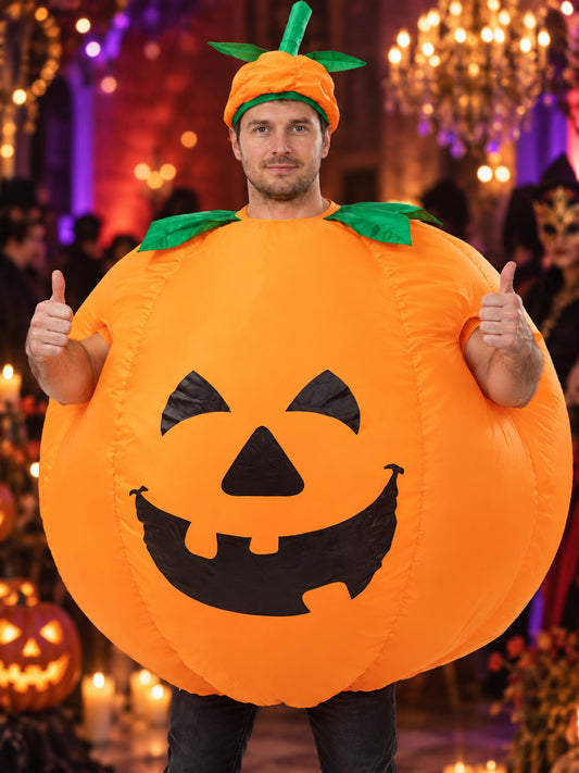 Inflatable Pumpkin Costume with Jack-o'-Lantern Face and Green Stem