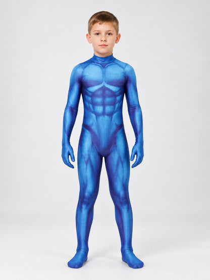 Blue Fitted Cosplay Bodysuit with Muscle Print