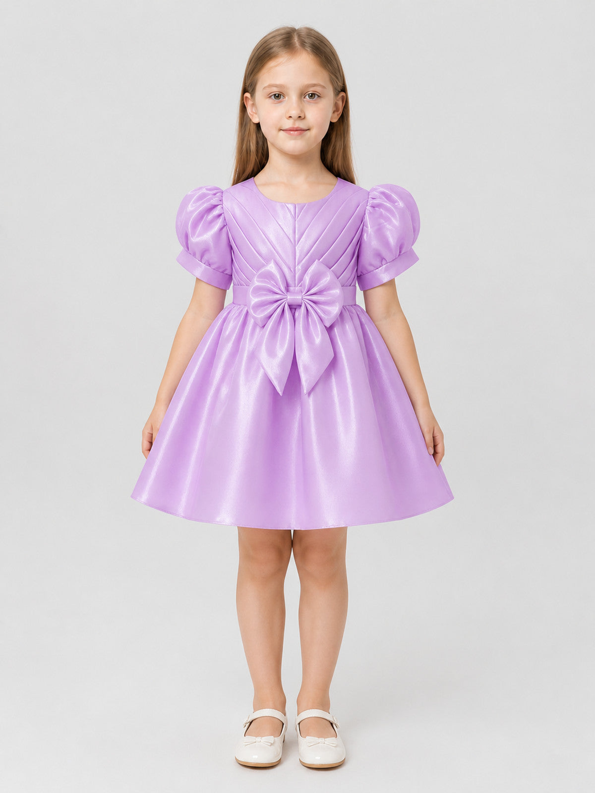 Girls' Dressy Dress with Puff Sleeves and a Bow on-model view