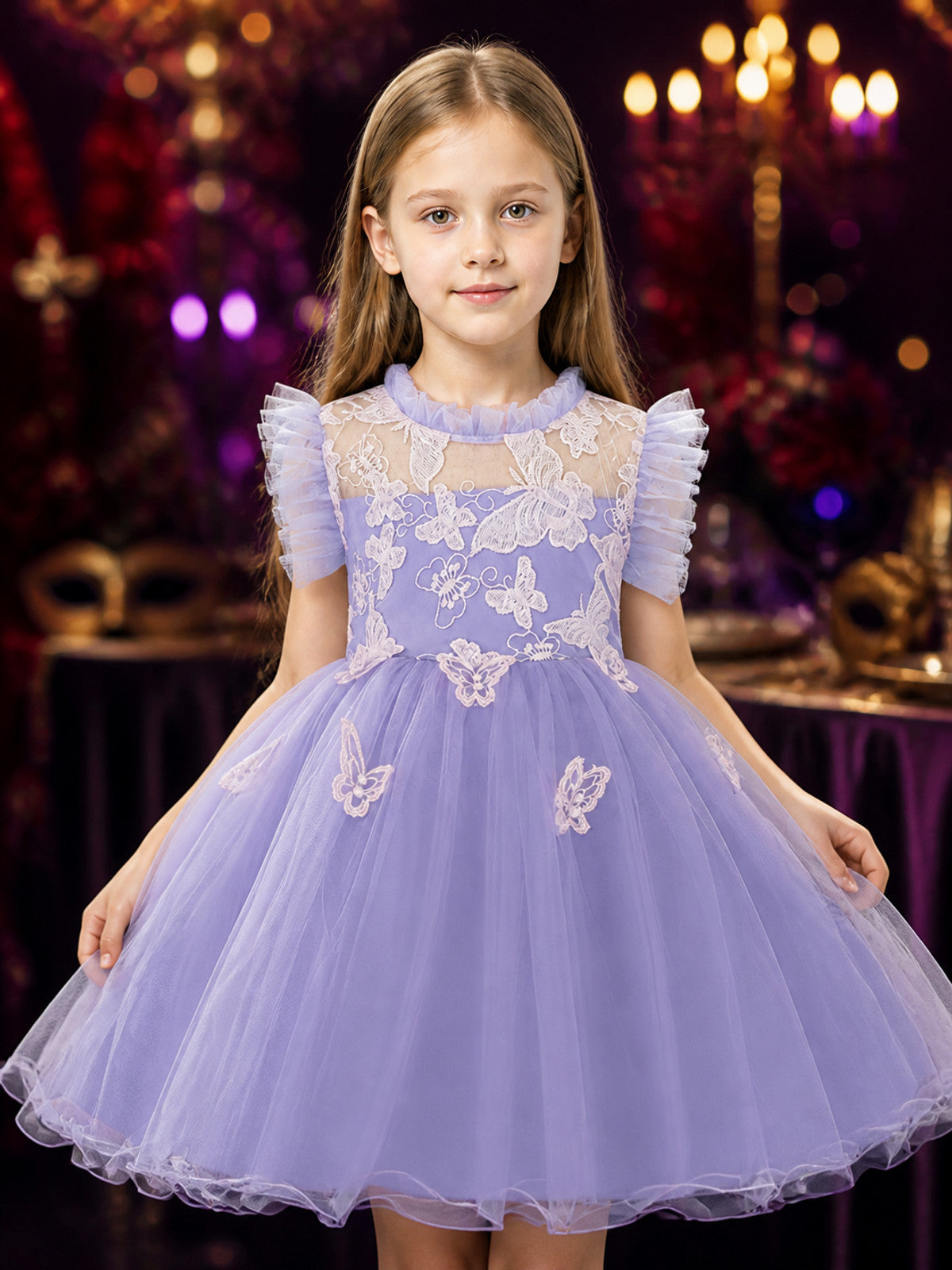 Baby Girls' Purple Princess Tutu Dress with Lace Bows and Layered Tulle Skirt on-model view