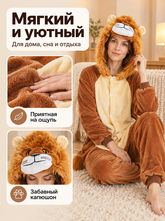 Flannel Pajama Jumpsuit with Hood Lion Brown