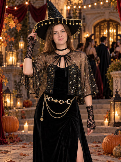 5-Piece Witch Costume Accessory Set: Hat, Choker, Gloves, Cape, and Waist Chain