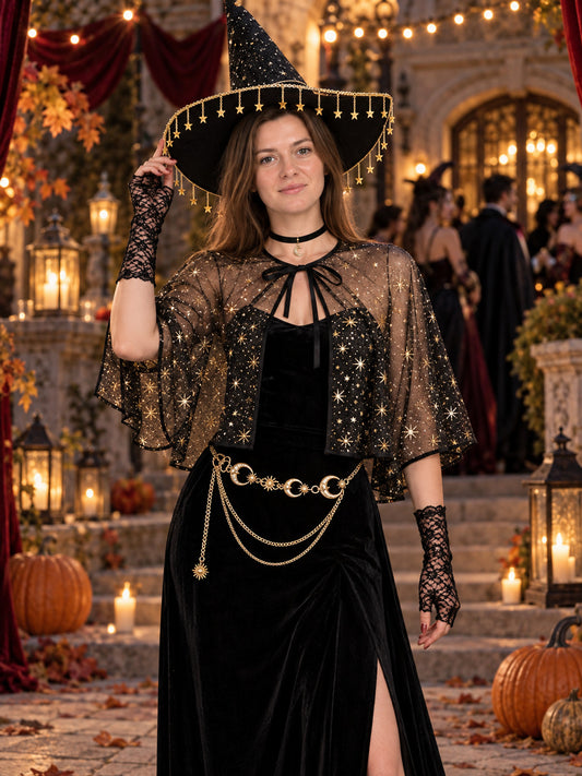 5-Piece Witch Costume Accessory Set: Hat, Choker, Gloves, Cape, and Waist Chain