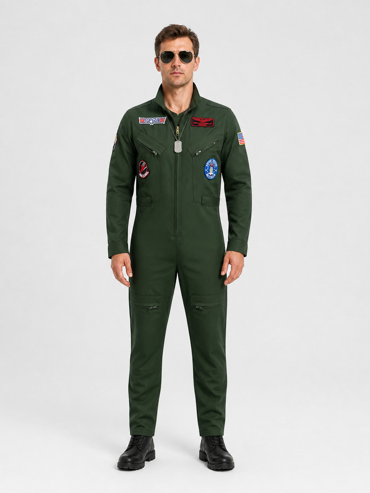 Top Gun Pilot Cosplay Jumpsuit, Khaki, Glasses and Chain on-model view